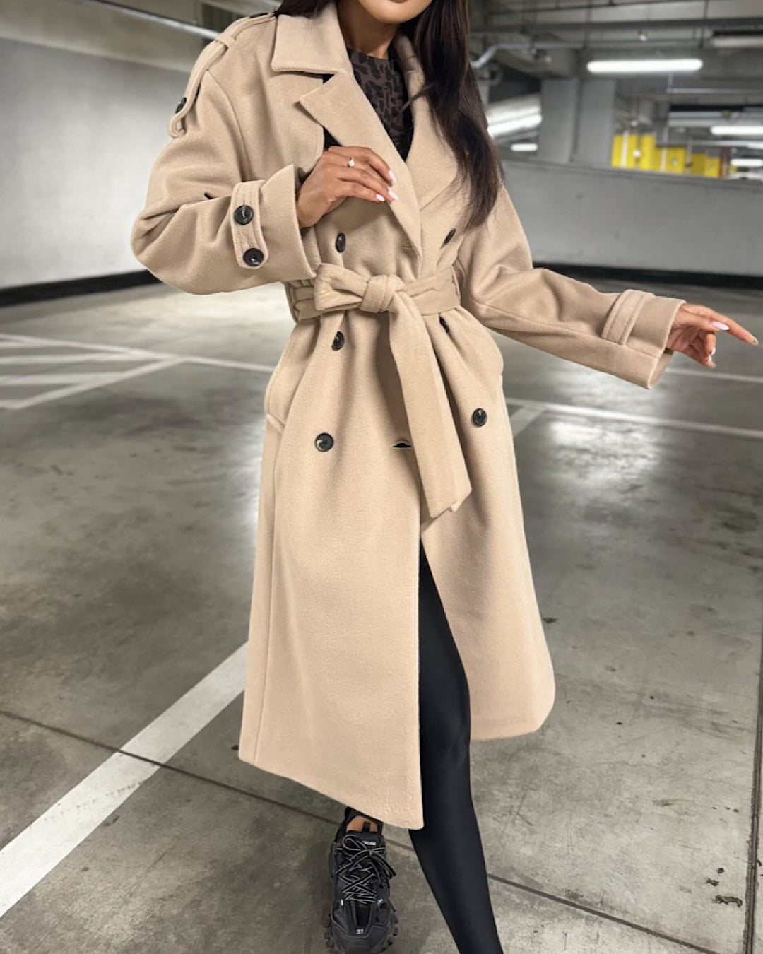 Long Beige Wool Look Trench-Coat