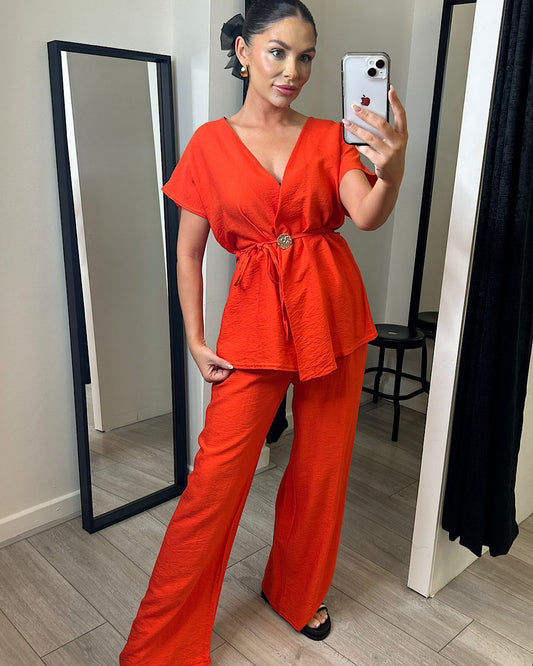Orange Wrap Top and Trousers Suit