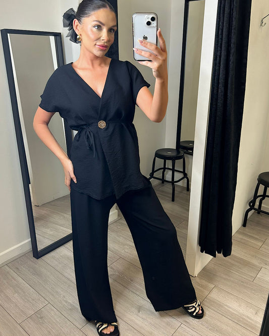 Black Wrap Top and Trousers Suit