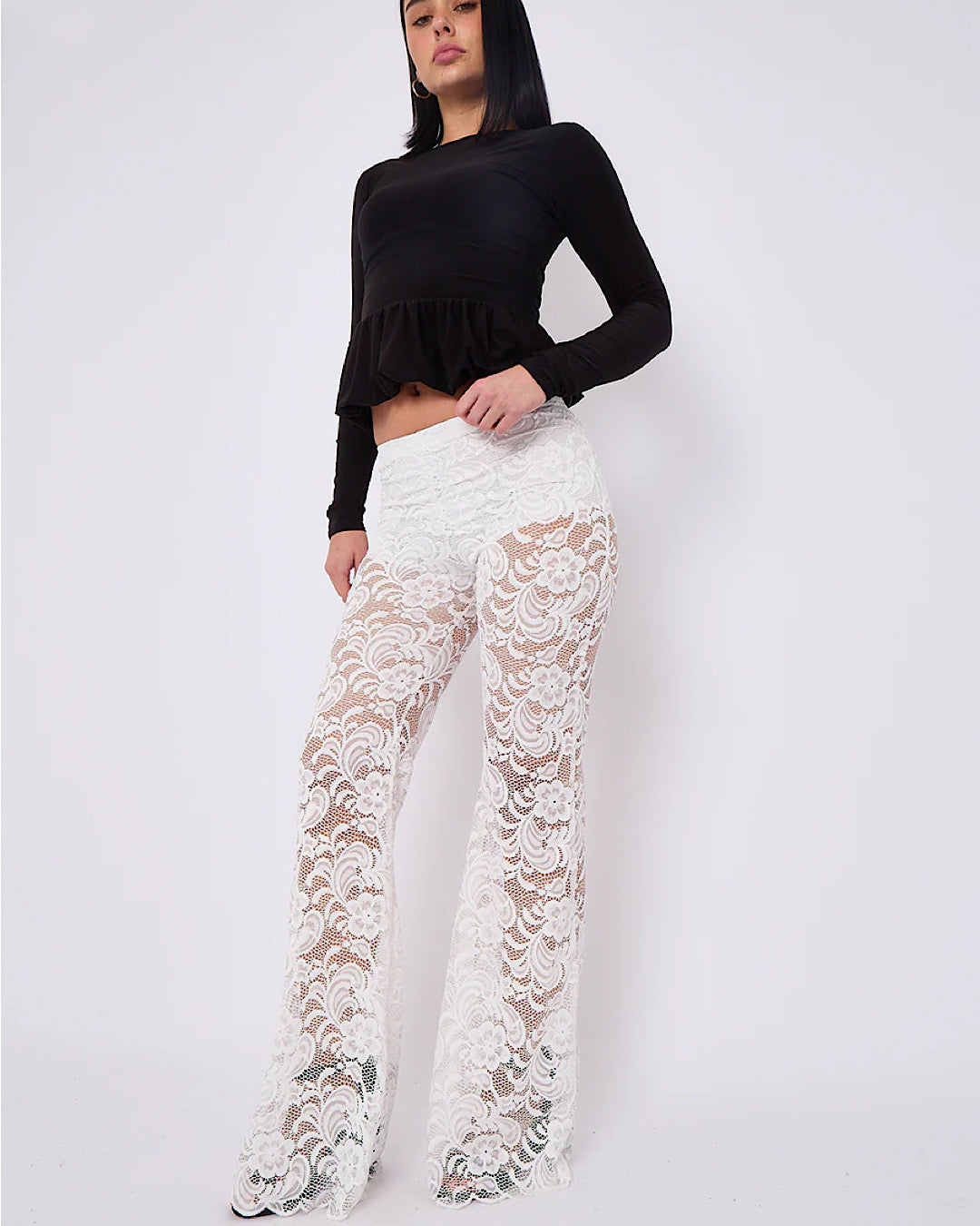 Cream Lace Wide Leg Trousers