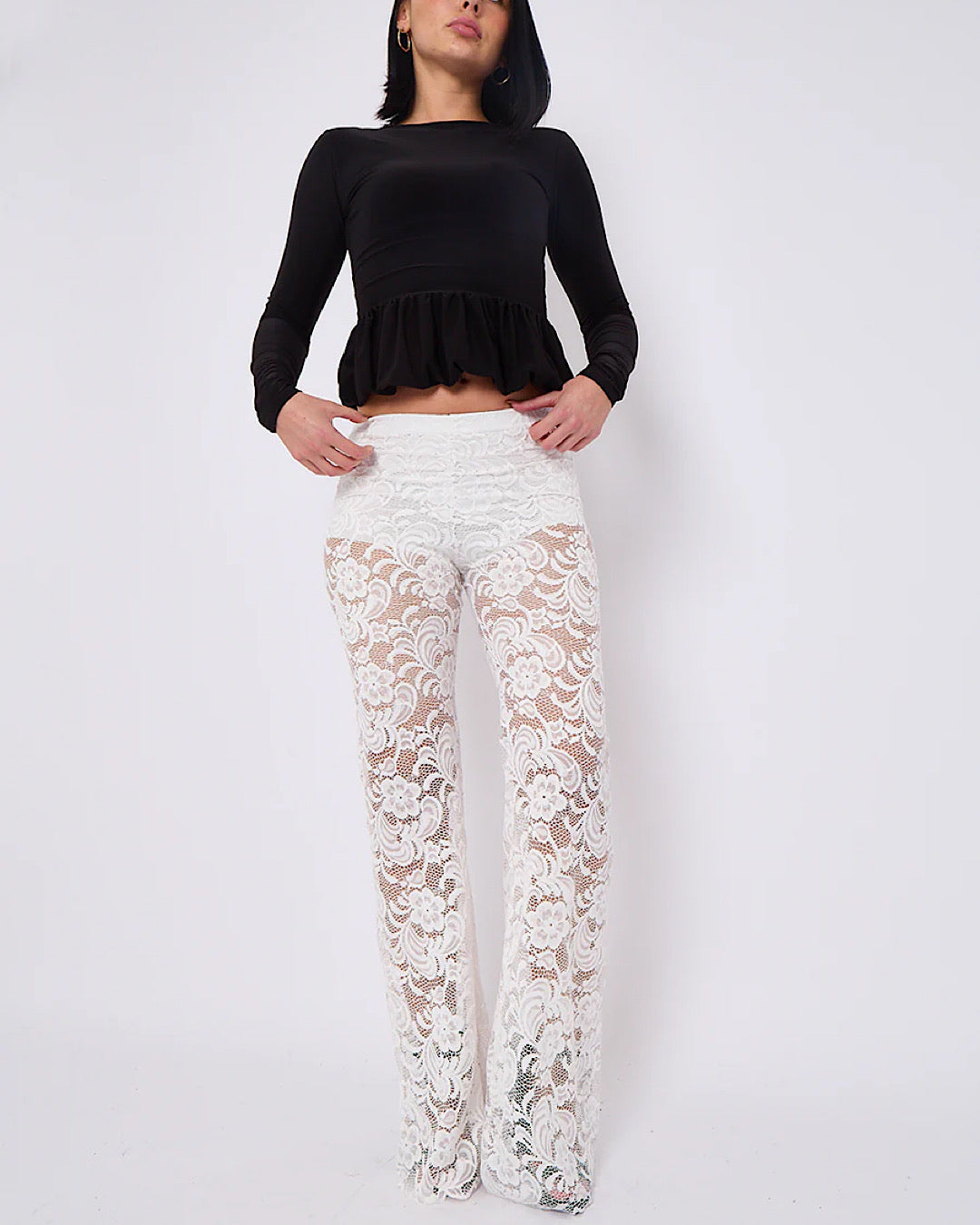 Cream Lace Wide Leg Trousers