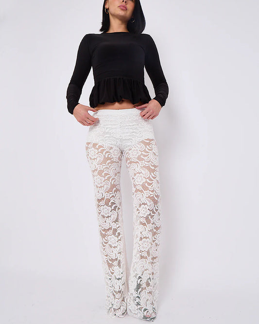 Cream Lace Wide Leg Trousers