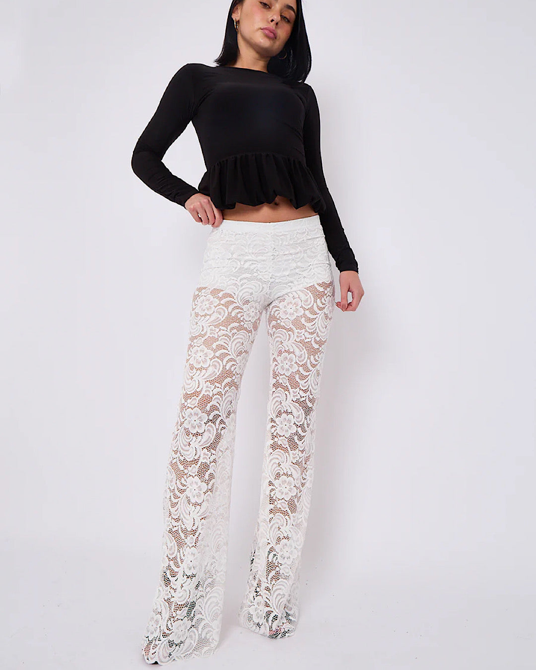 Cream Lace Wide Leg Trousers