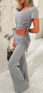 Grey Ruched Fold Over Waist Suit