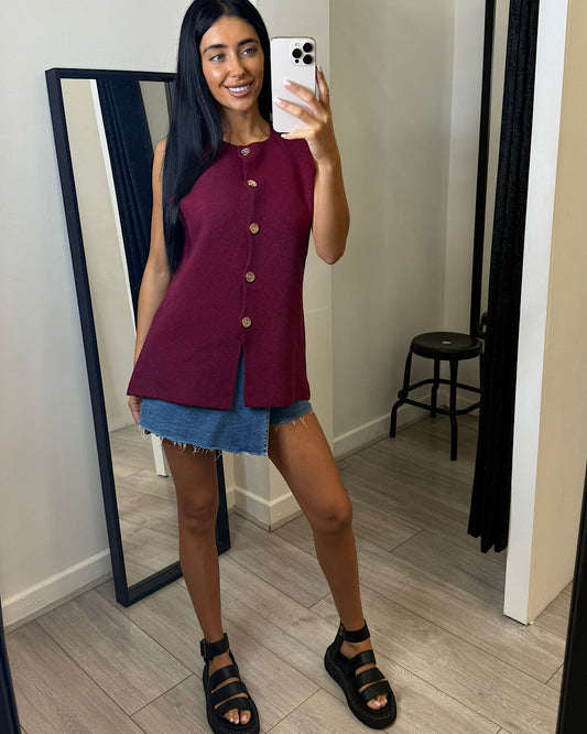 Burgundy Knit Vest Top with Gold Buttons