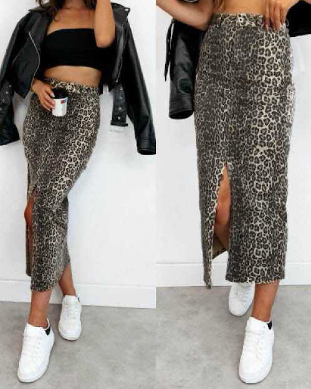 Leopard Print Denim Skirt