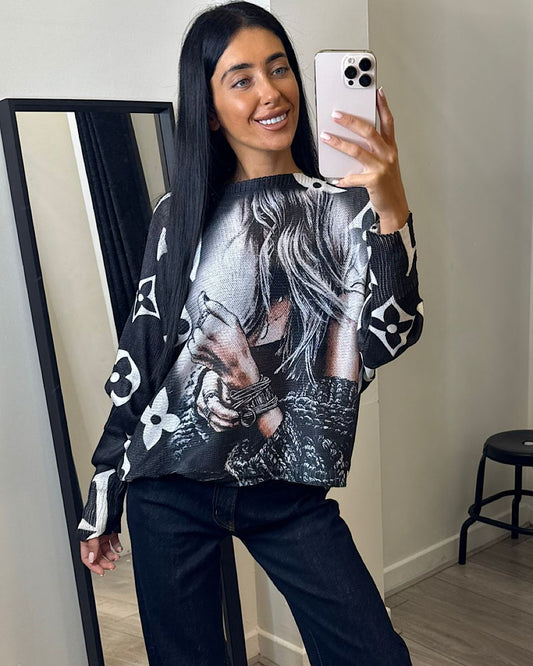 Girl Print Black Fine Knit Top