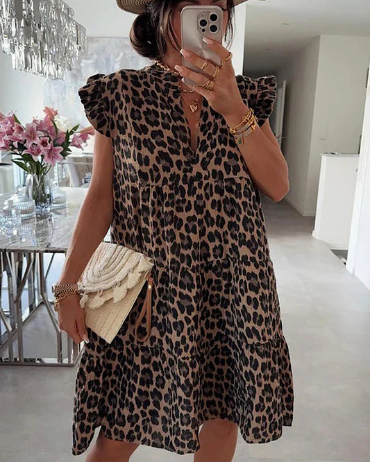 Leopard Print Frill Shoulder Dress