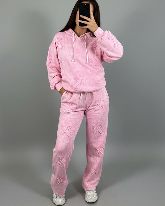 Hooded Pink Acid Wash Cross Suit