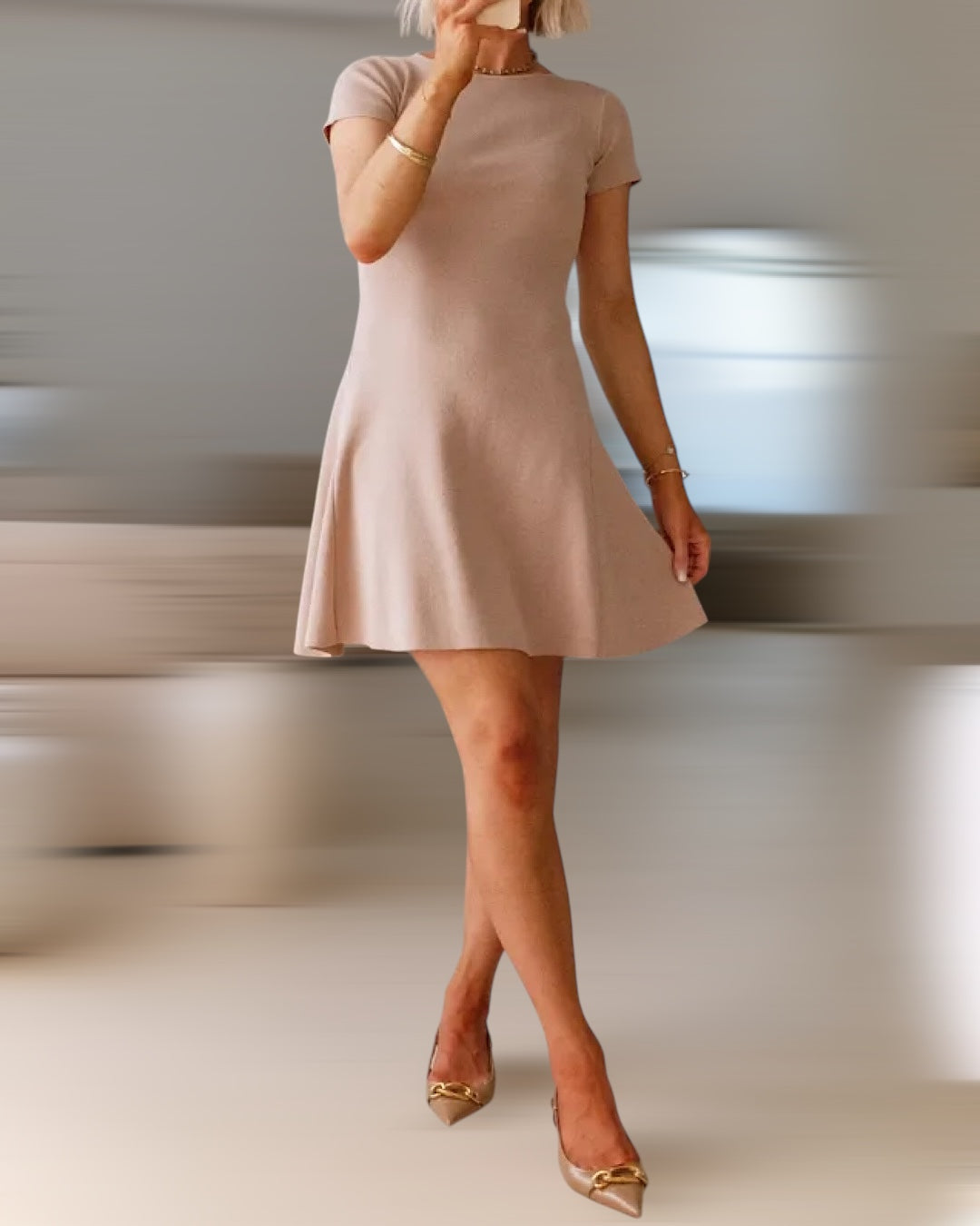 Beige Short Sleeve Skater Dress