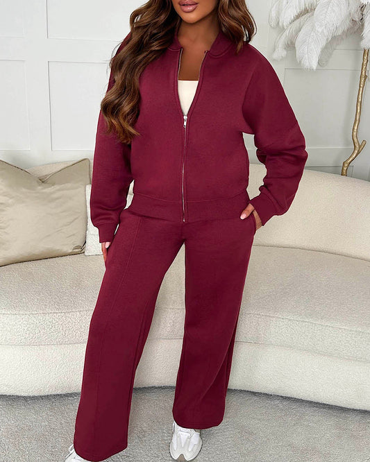 Burgundy Bomber Jacket and Joggers Suit