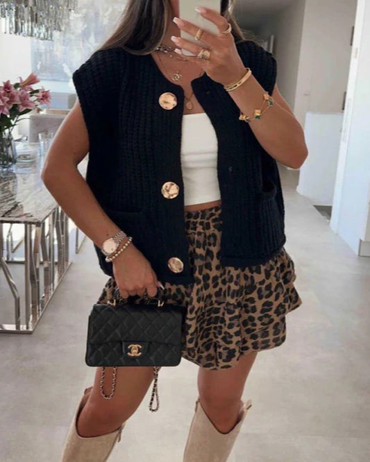 Black Chunky Knit Vest with Gold Buttons