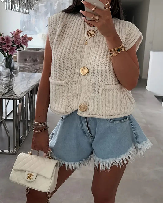 Beige Chunky Knit Vest with Gold Buttons