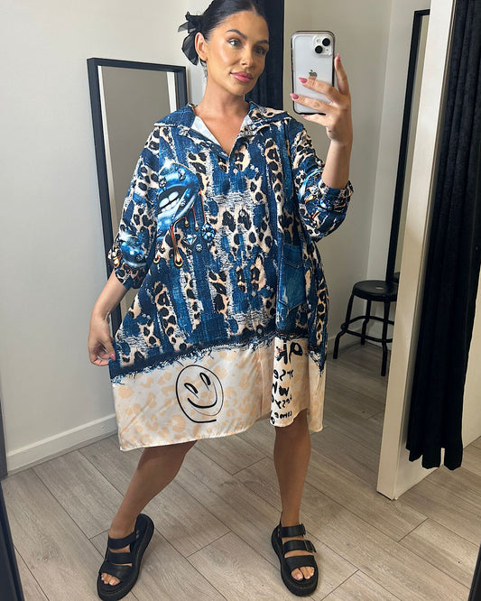 Blue with Leopard Oversized Shirt Dress