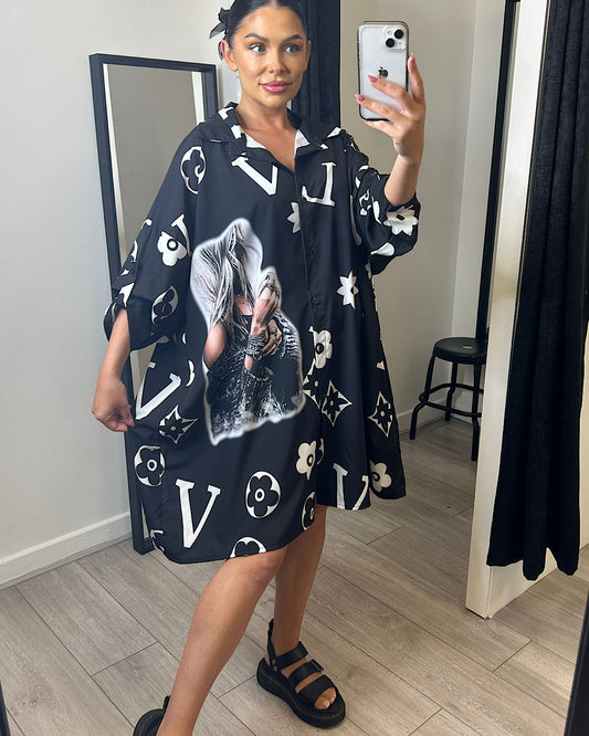 Black with White Oversized Shirt Dress