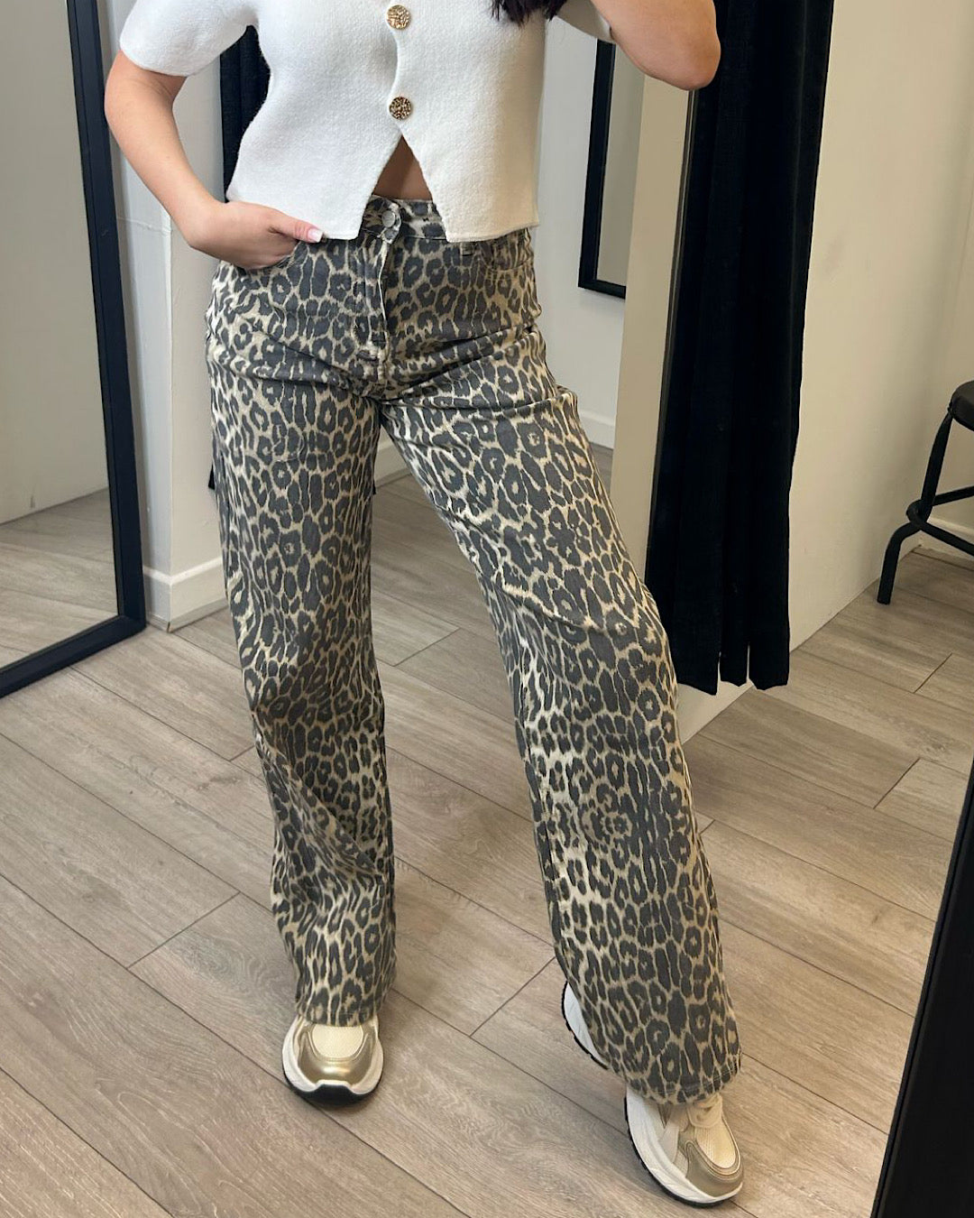 Wide Leg Leopard Print Jeans