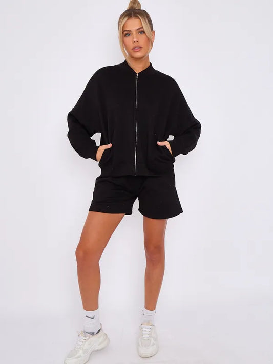 Black Zip Bomber Jacket and Shorts Suit