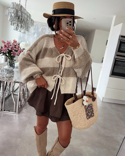 Beige and Cream Lace Front Knit Cardigan