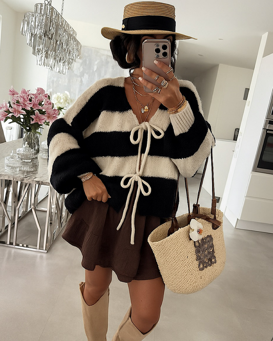 Black and Cream Lace Front Knit Cardigan