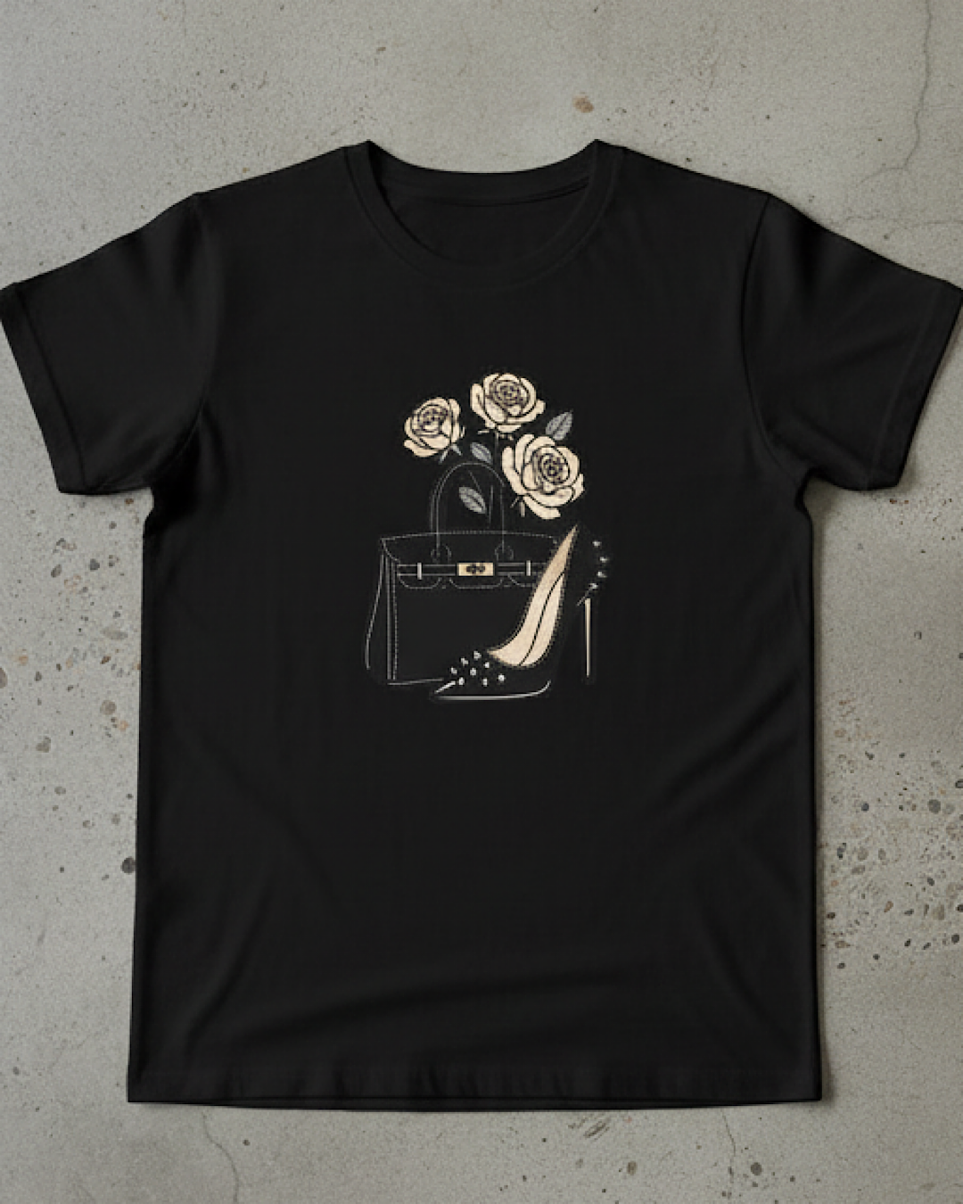 Black Tee with Rose Print