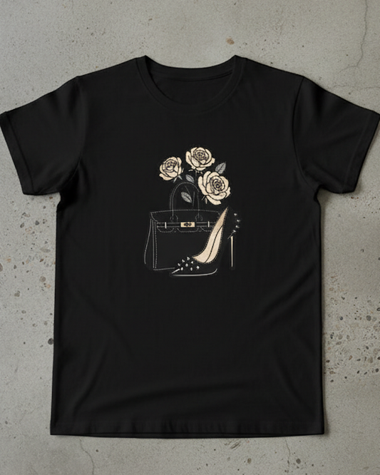 Black Tee with Rose Print
