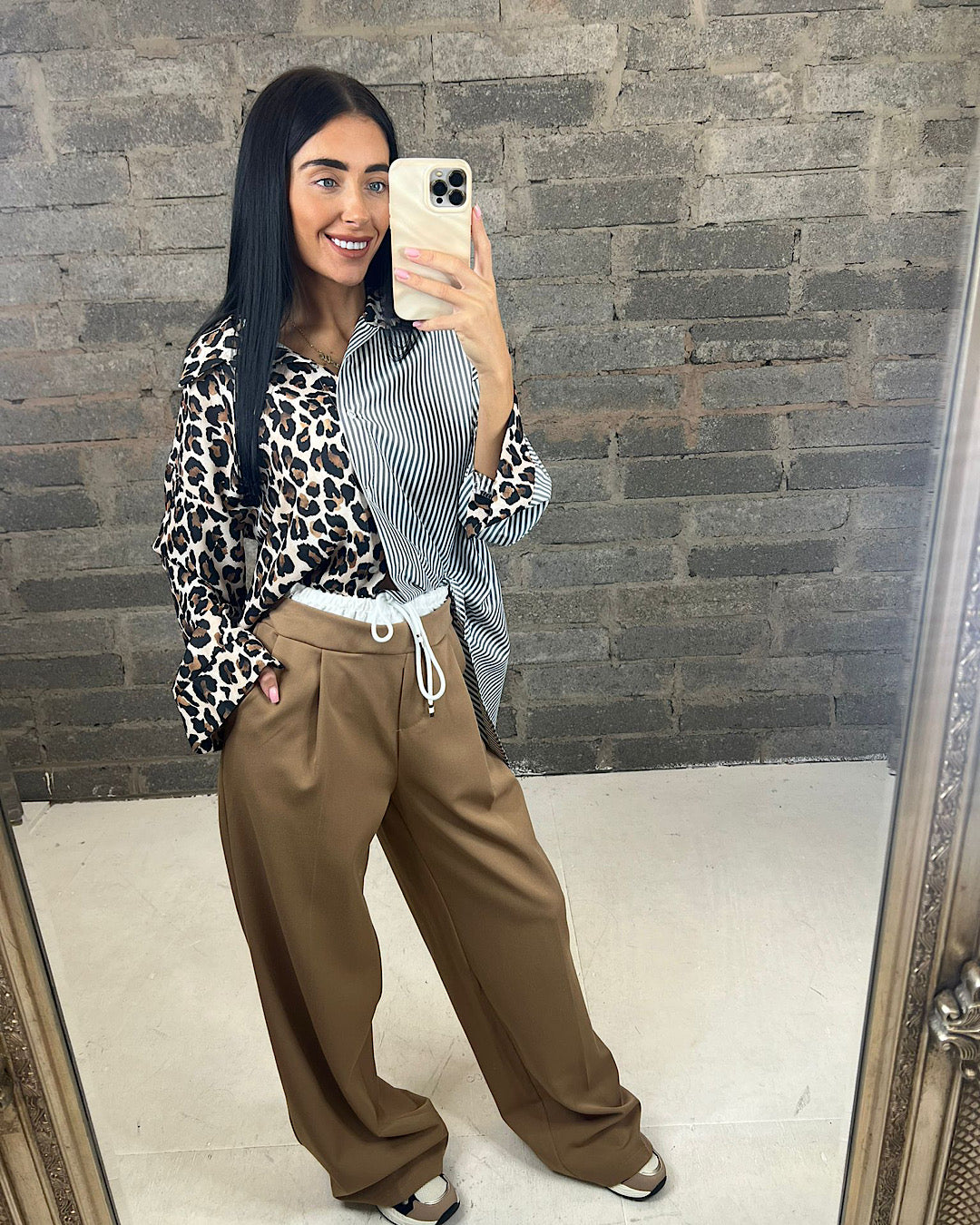 Camel Trousers with White Waistband