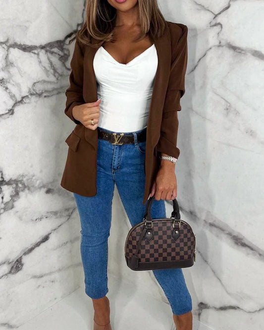Chocolate Ruched Sleeve Blazer