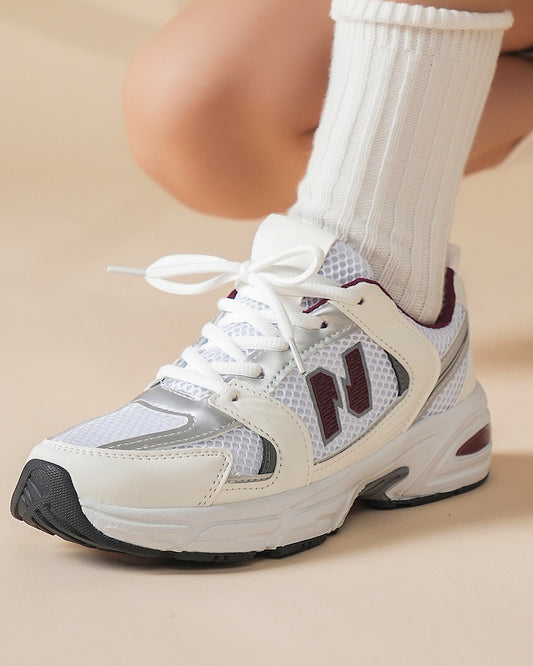 White with Burgundy Lace Up Trainers