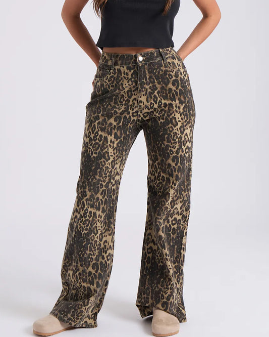 Wide Leg Leopard Print Jeans