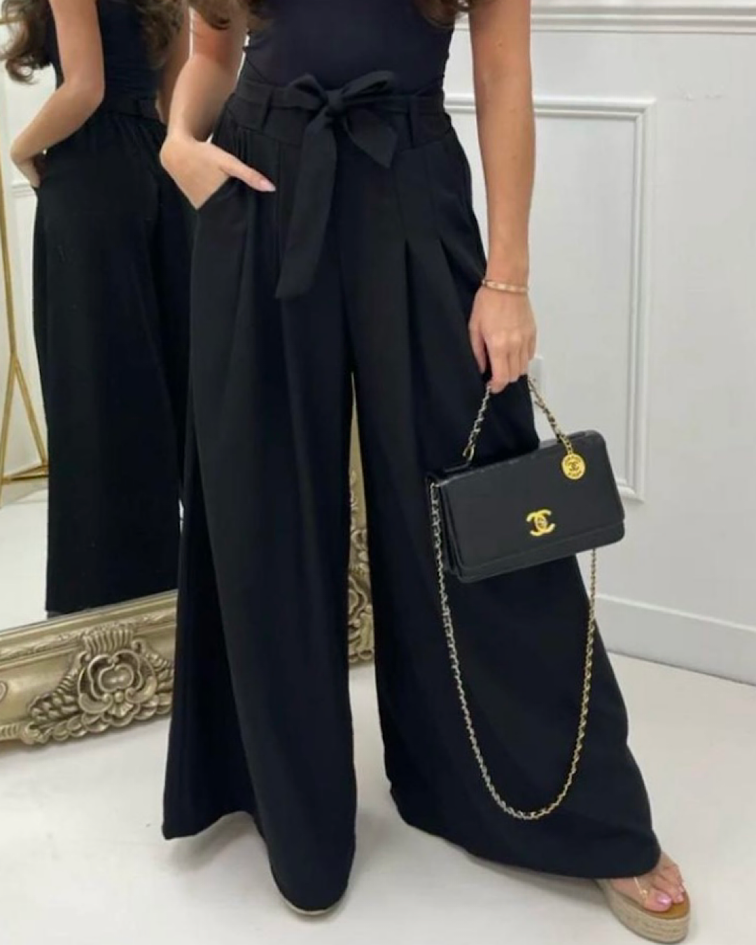 Black Belted Wide Leg Trousers