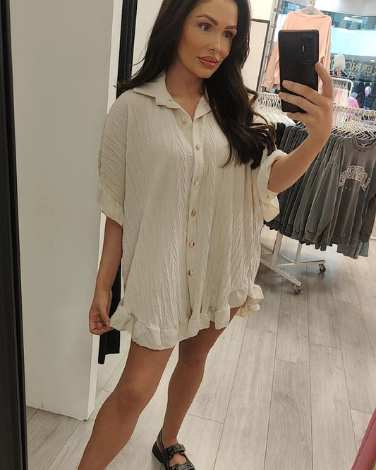 Beige Frill Hem Shirt Dress