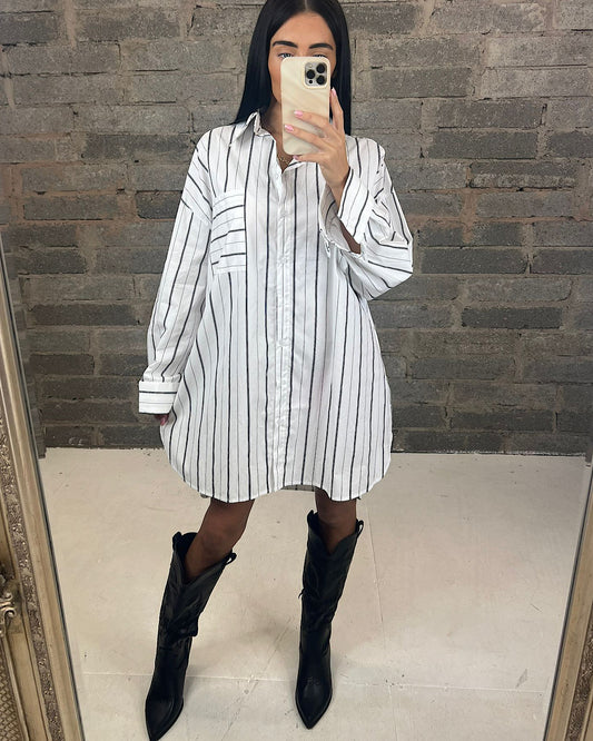 White Black Stripe Shirt Dress