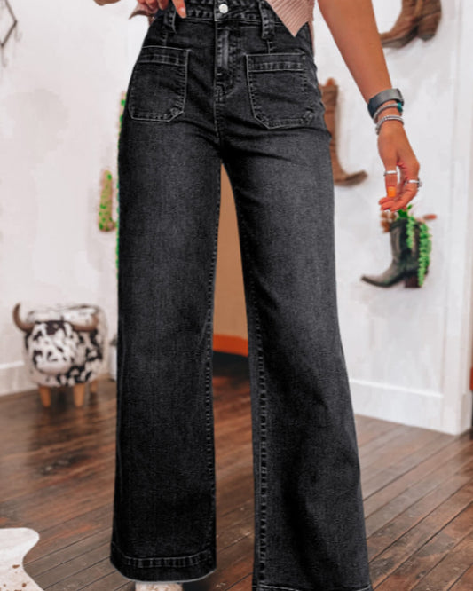 Stretch Wide Leg Black Washed Jeans