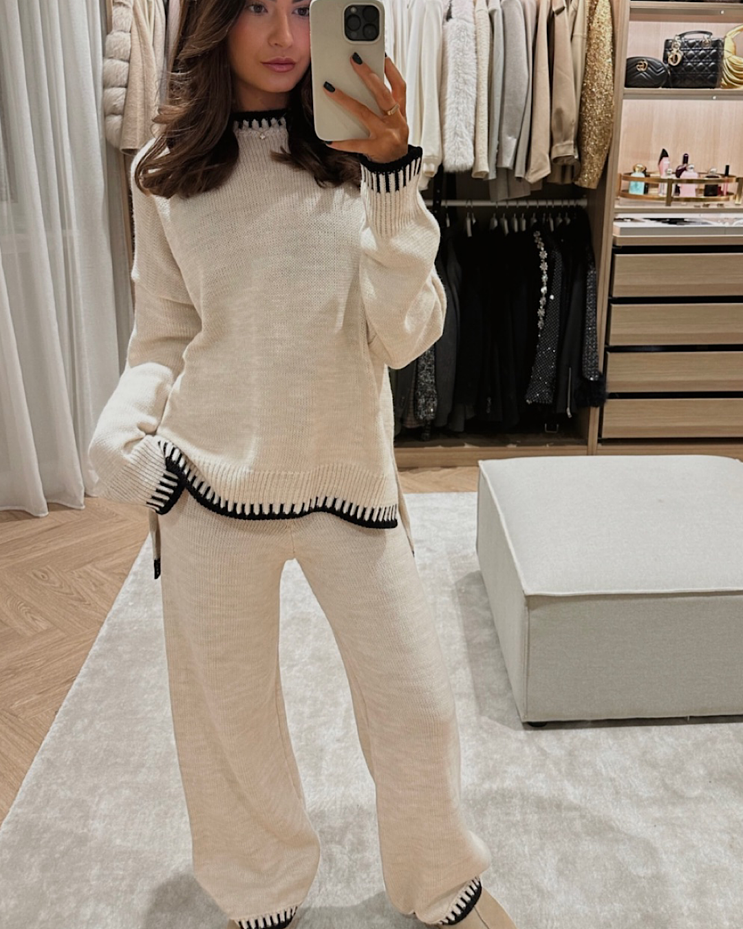 Beige Contrast Stitch Knit Suit