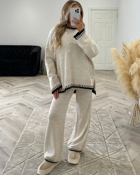 Beige Contrast Stitch Knit Suit