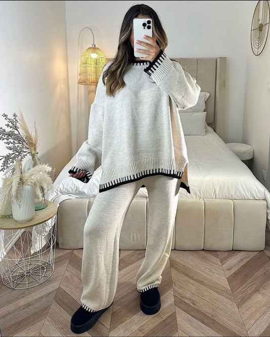Beige Contrast Stitch Knit Suit