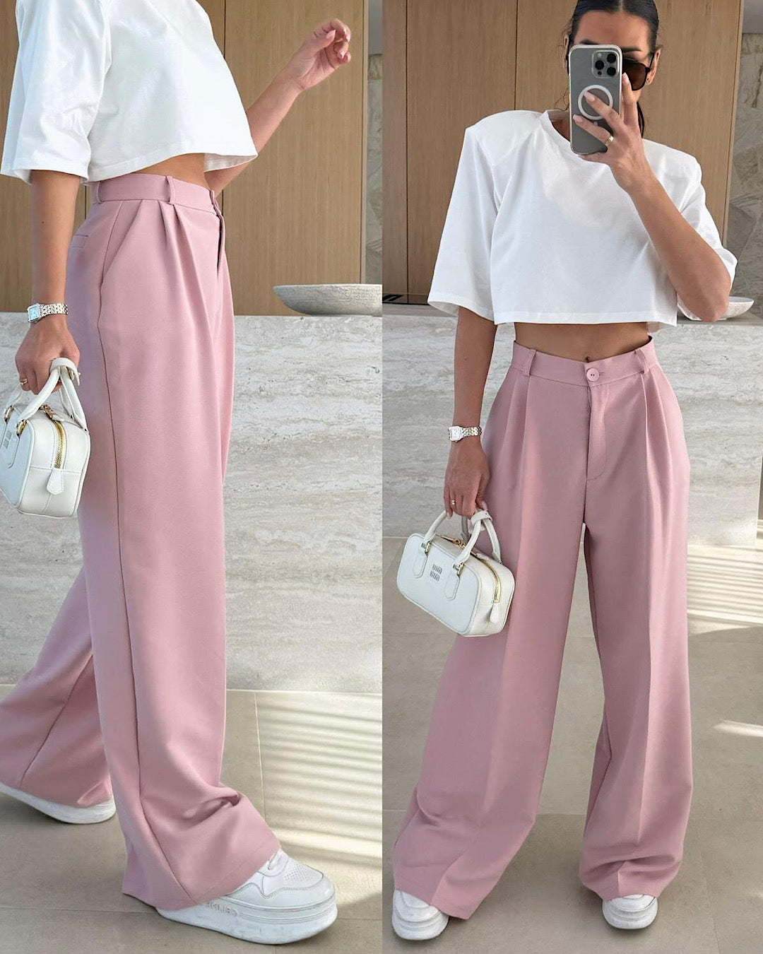 Pink Wide Leg Pleated Trousers