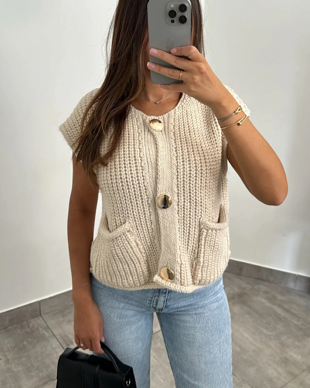 Sleeveless Beige Knit Top with Gold Buttons