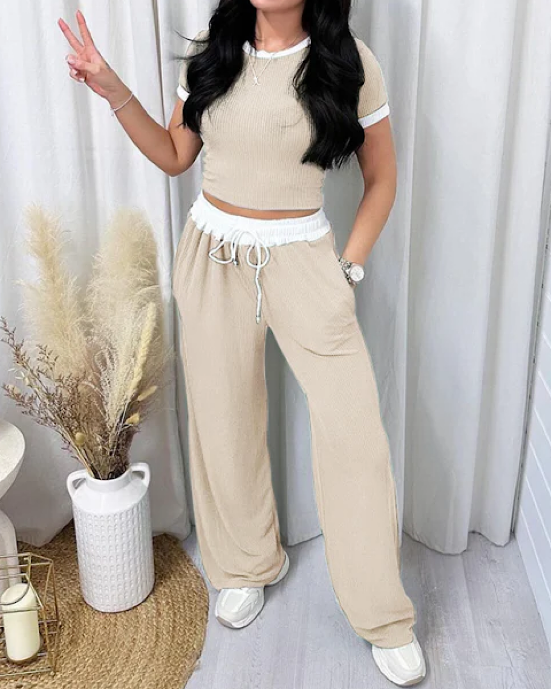 Beige Ribbed Loungewear Set