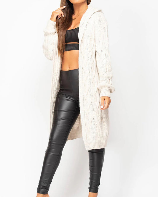 Beige Cable Knit Hood Cardigan