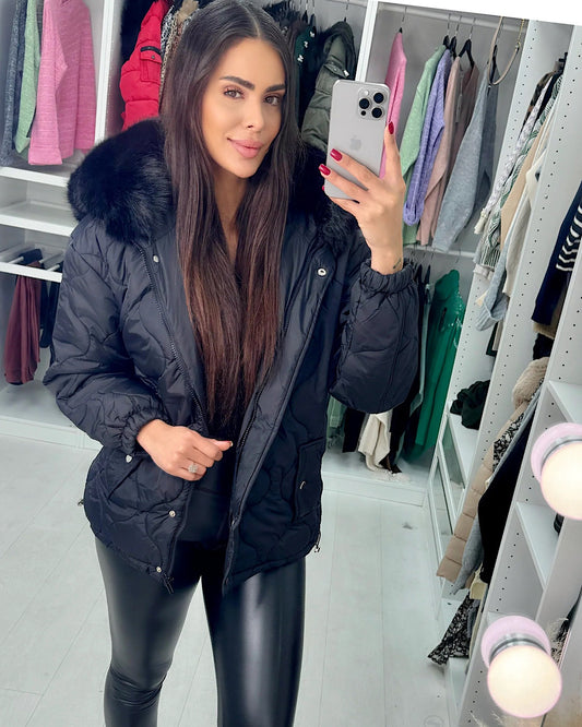 Black Padded Jacket with Faux Fur