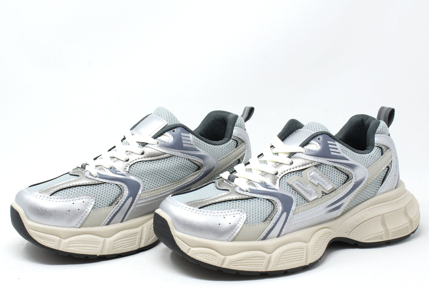Silver Grey with Beige Lace Up Trainers