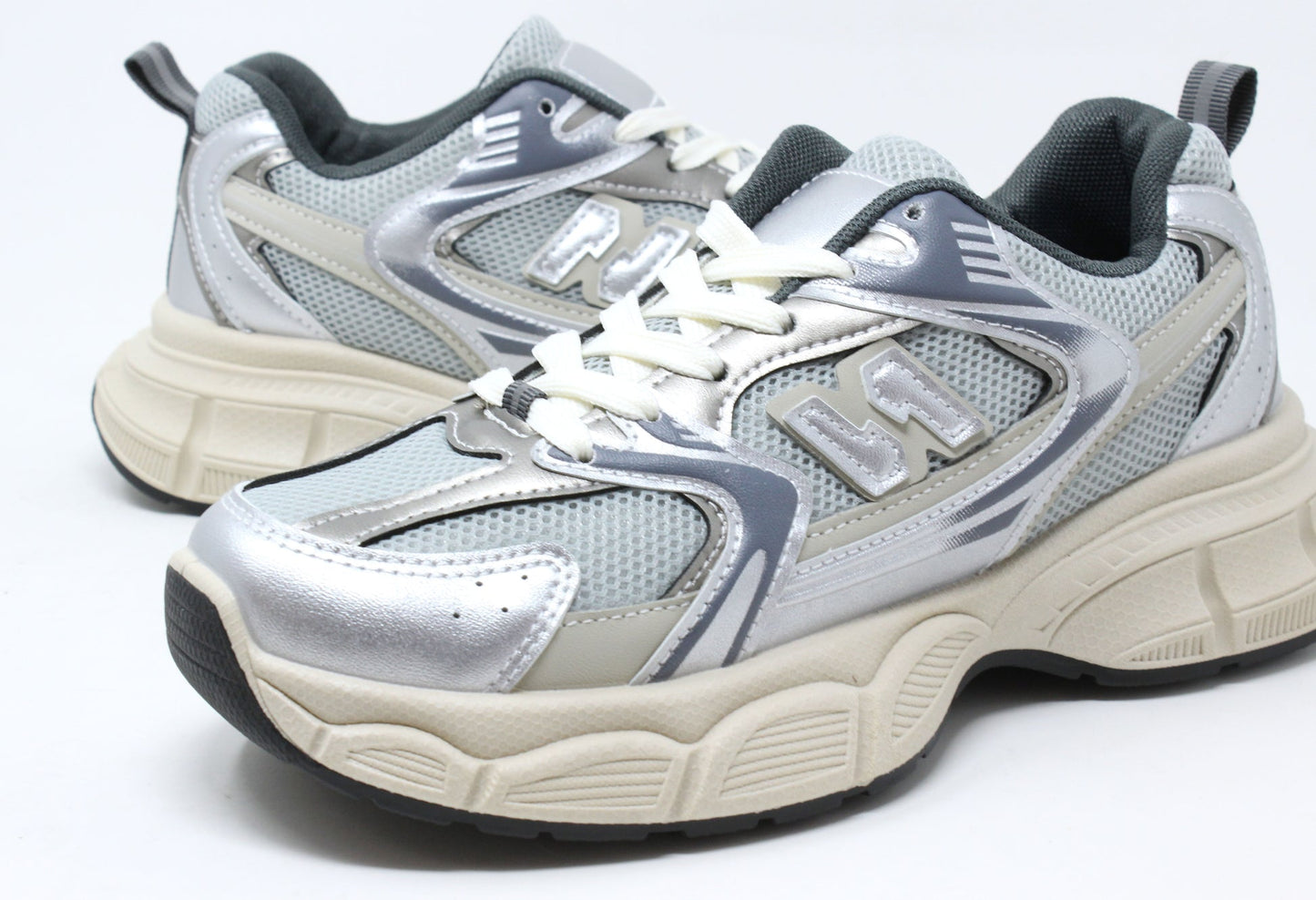 Silver Grey with Beige Lace Up Trainers