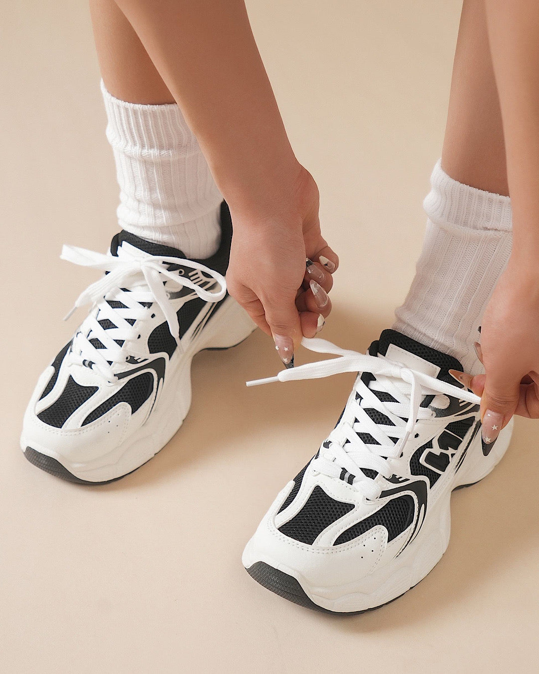 Black with White Lace Up Trainers