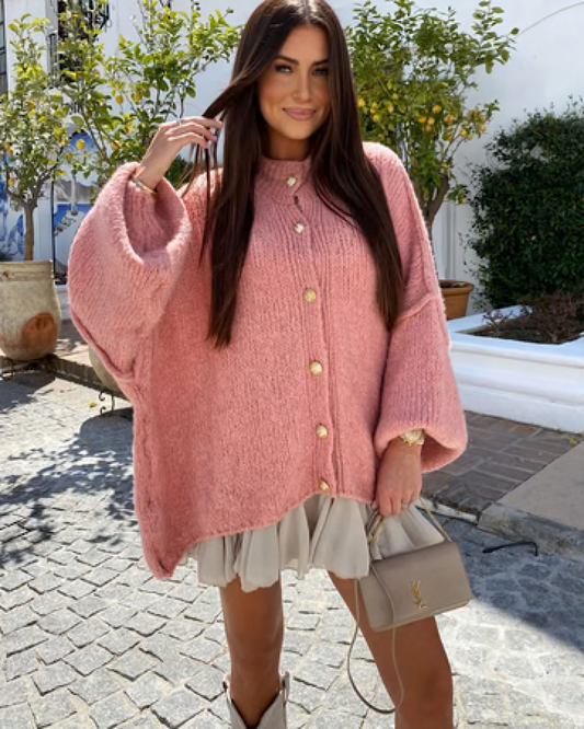 Pink Oversized Cardigan with Gold Buttons