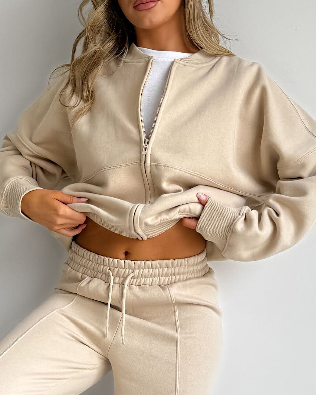 Beige Bomber Jacket and Joggers Suit