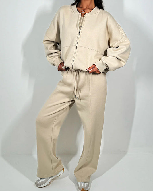 Beige Bomber Jacket and Joggers Suit