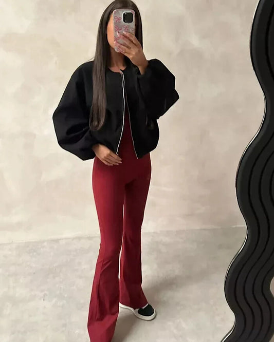 Black Balloon Sleeve Ruched Bomber Jacket