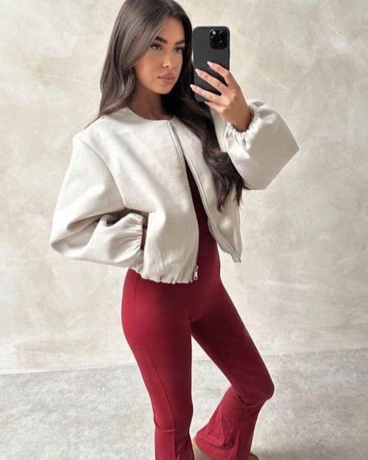 Beige Balloon Sleeve Ruched Bomber Jacket