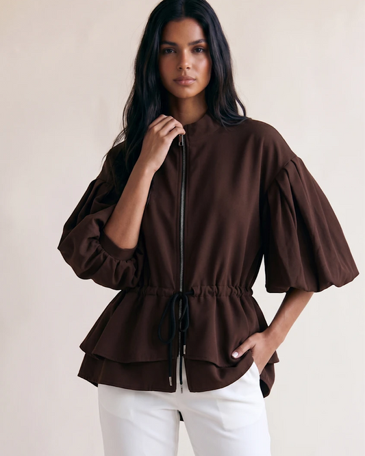 Brown Puff Sleeve Peplum Jacket